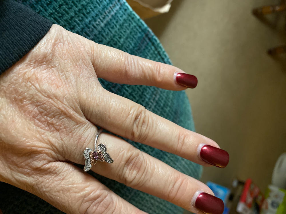 Enchanted Disney Fine Jewelry Sterling Silver and 10K Rose Gold 1/10 CTTW Diamond and Rhodolite Garnet Mulan Butterfly Ring - Customer Photo From Nora R Ramirez