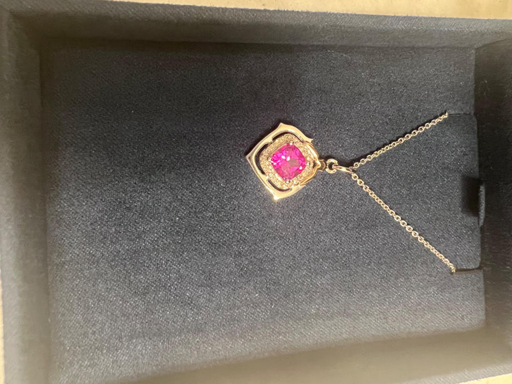 Enchanted Disney Fine Jewelry 14K Rose Gold Over Sterling Silver with 1/10 CTTW Diamonds and Created Pink Sapphire Aurora Pendant Necklace - Customer Photo From Lauralee W.