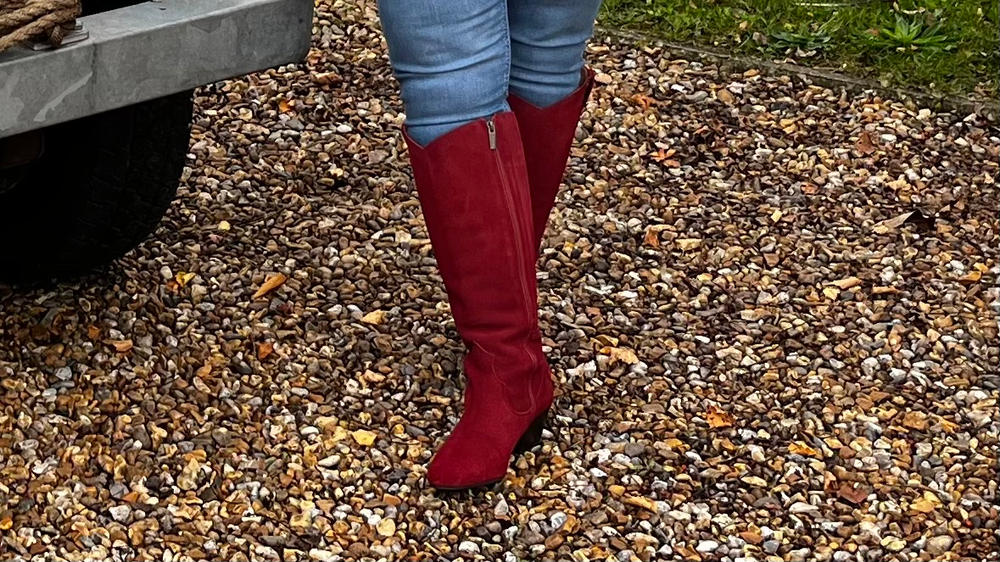 Saffron Knee High Boots in Red Suede - Customer Photo From Jane Grant