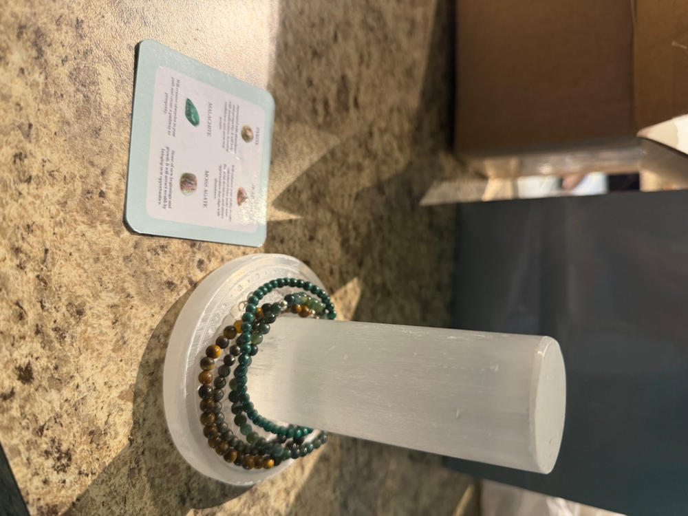 Dainty Attract Money Crystal Bracelet Stack | Pyrite, Tigers Eye, Moss Agate, Malachite - Medium - Customer Photo From Karen Austin