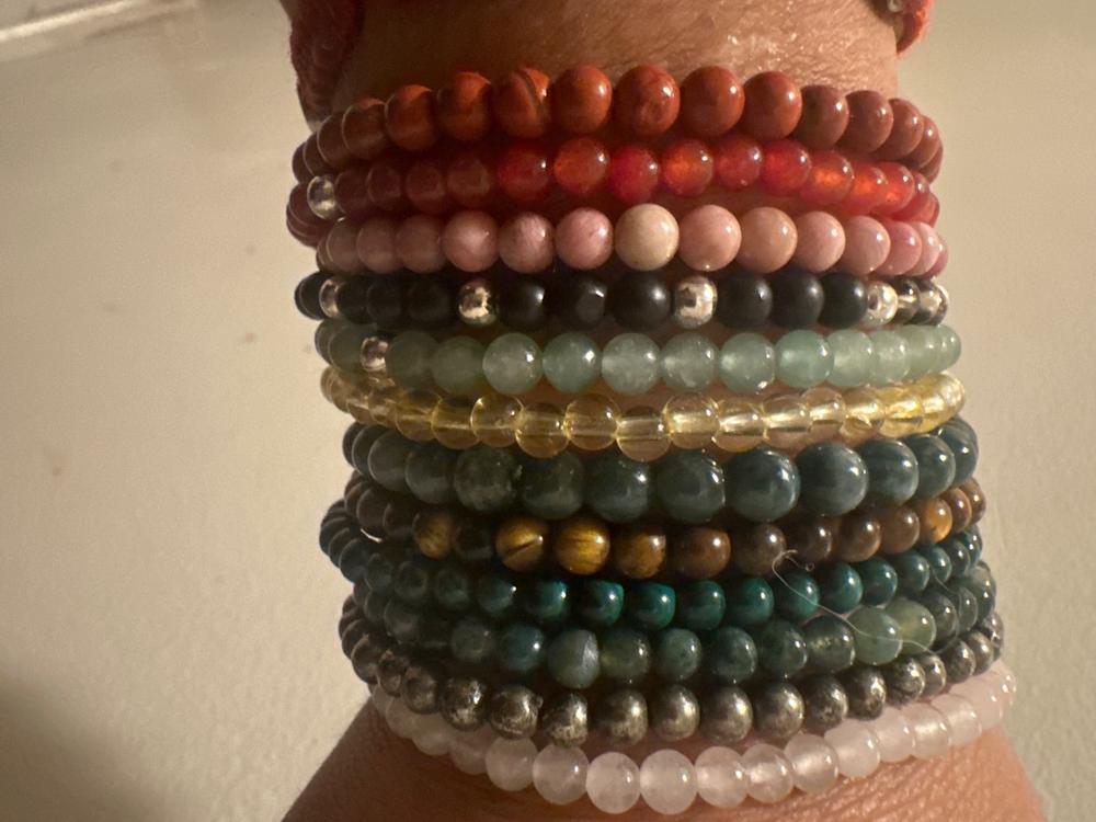Dainty Attract Money Crystal Bracelet Stack | Pyrite, Tigers Eye, Moss Agate, Malachite - Medium - Customer Photo From Sayra Degante