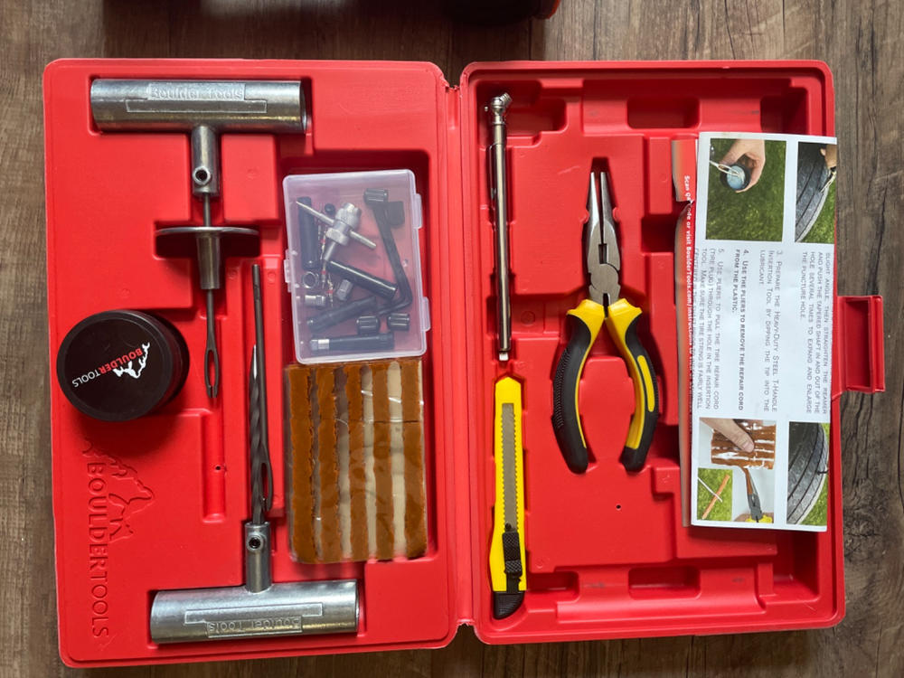 Boulder Tools Kit Compact de Réparation de Pneu avec Pochette de Rangement  - Kit de Prise de Pneus Universel Robuste, se Range Facilement à  l'intérieur de Votre UTV, ATV, Camion, Moto 