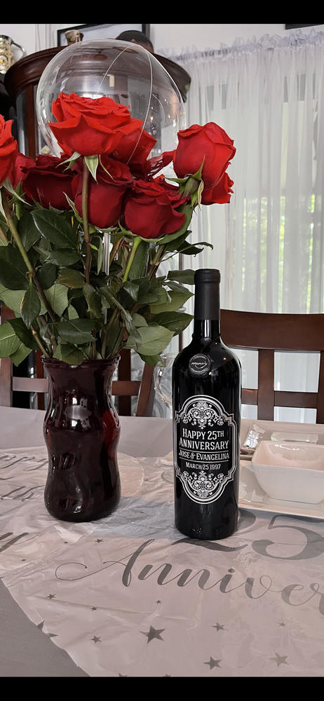 Anniversary Frame Custom Etched Wine Bottle - Customer Photo From Evangelina 