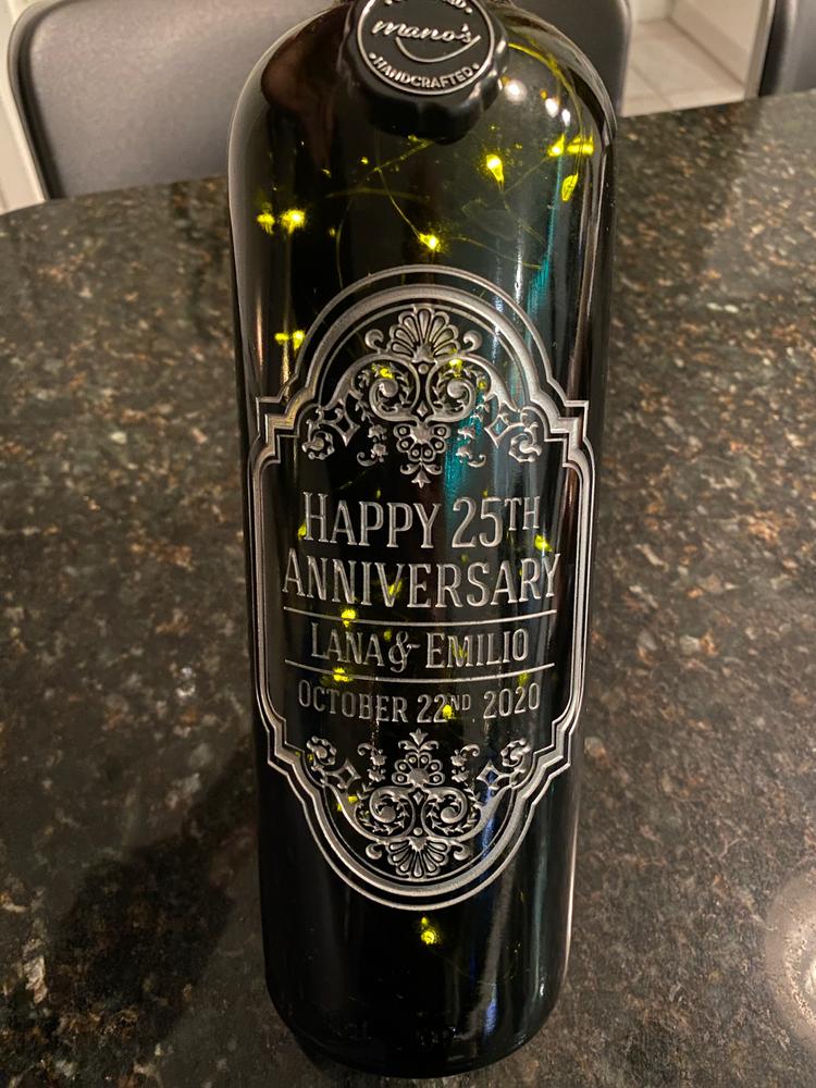 Anniversary Frame Custom Etched Wine Bottle - Customer Photo From Daniella