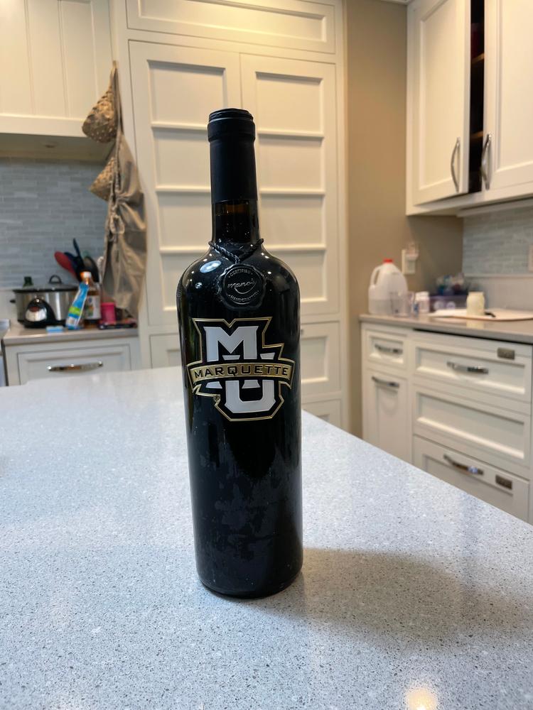 Marquette University Logo Etched Wine Bottle - Customer Photo From C. K.