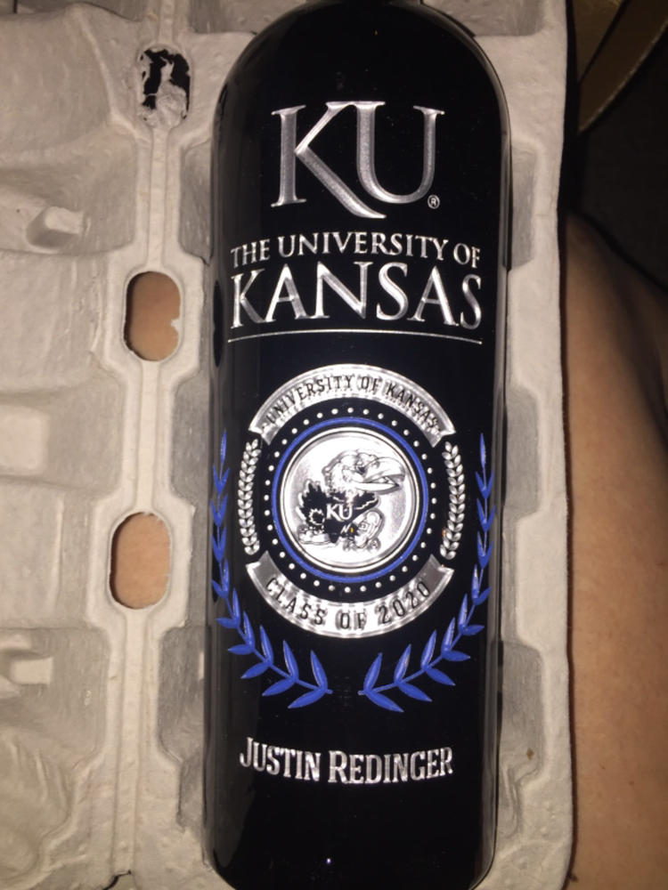University of Kansas Custom Alumni Etched Wine Bottle - Customer Photo From Jody