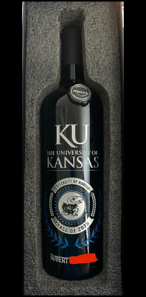 University of Kansas Custom Alumni Etched Wine Bottle - Customer Photo From Kayla C.