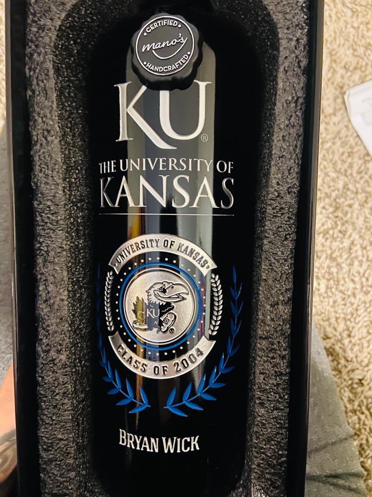 University of Kansas Custom Alumni Etched Wine Bottle - Customer Photo From Helen