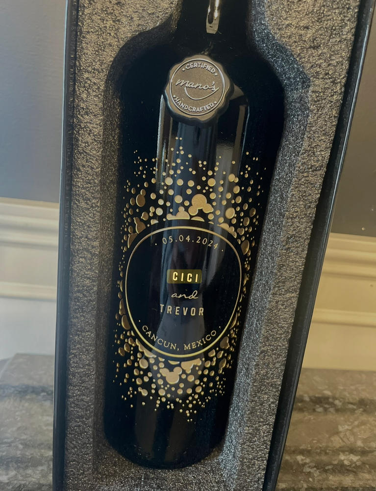 Celebration Circle Frame Custom Etched Wine Bottle - Customer Photo From Tracy H.