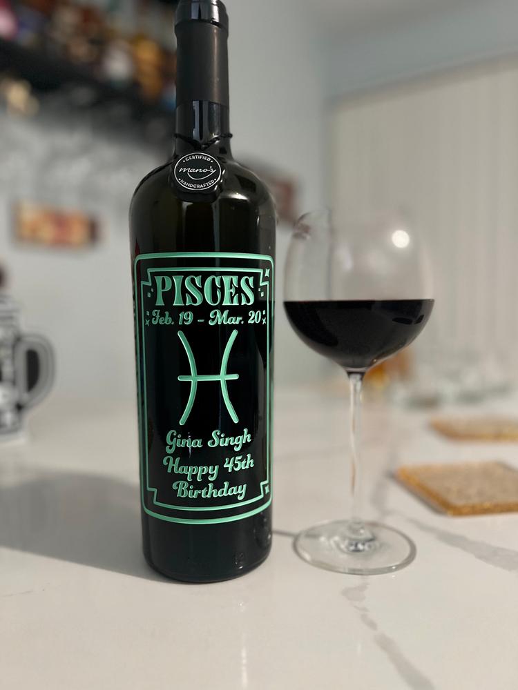 Pisces Custom Etched Wine Bottle - Customer Photo From Gina 