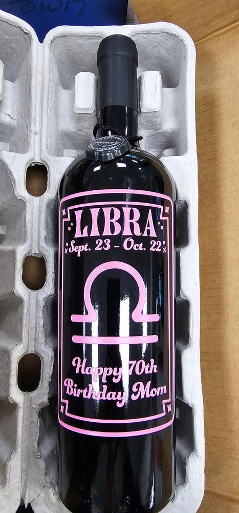 Libra Custom Etched Wine Bottle - Customer Photo From Heather