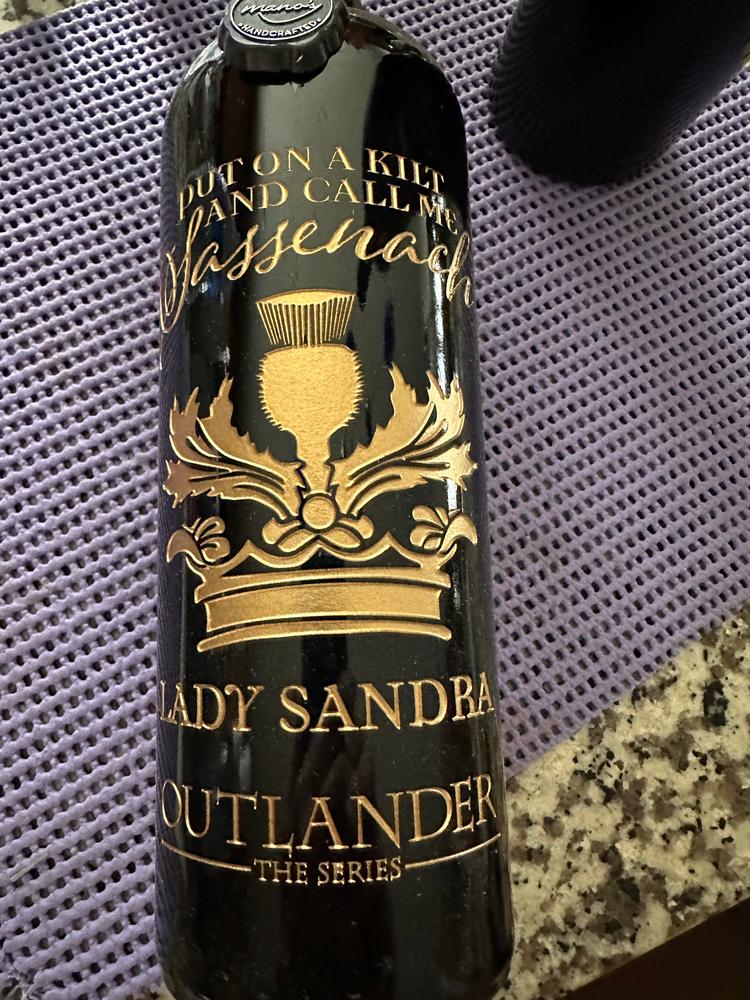 Outlander Sassenach Custom Name Etched Wine Bottle - Customer Photo From Sandra M.