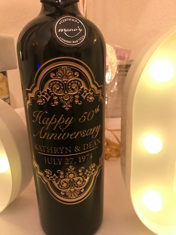 Gold 50th Anniversary Classic Frame Custom Etched Wine Bottle - Customer Photo From Dean B.