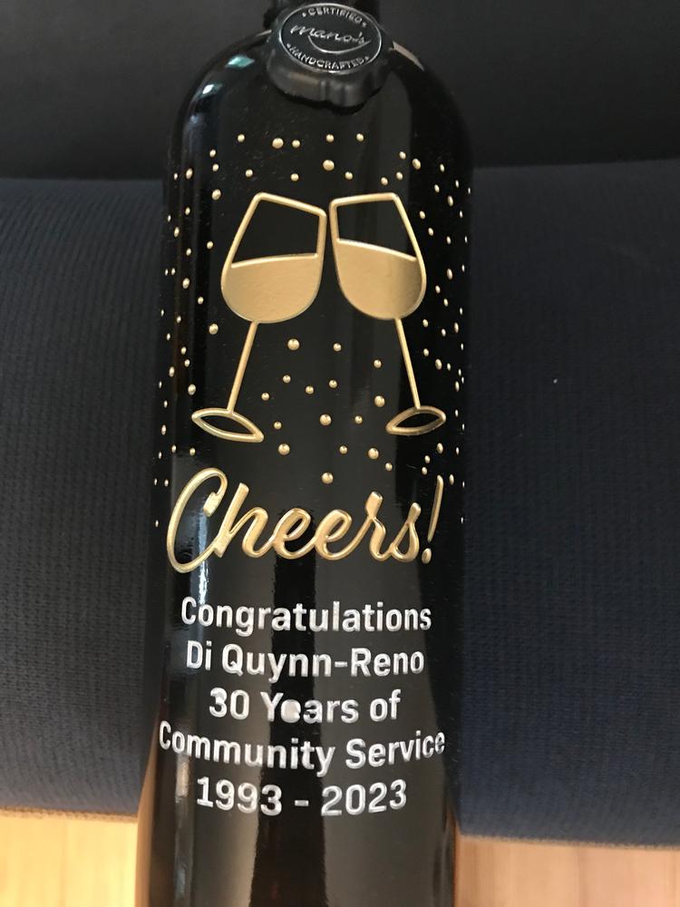Custom Cheers! Etched Wine Bottle - Customer Photo From Lisa A.