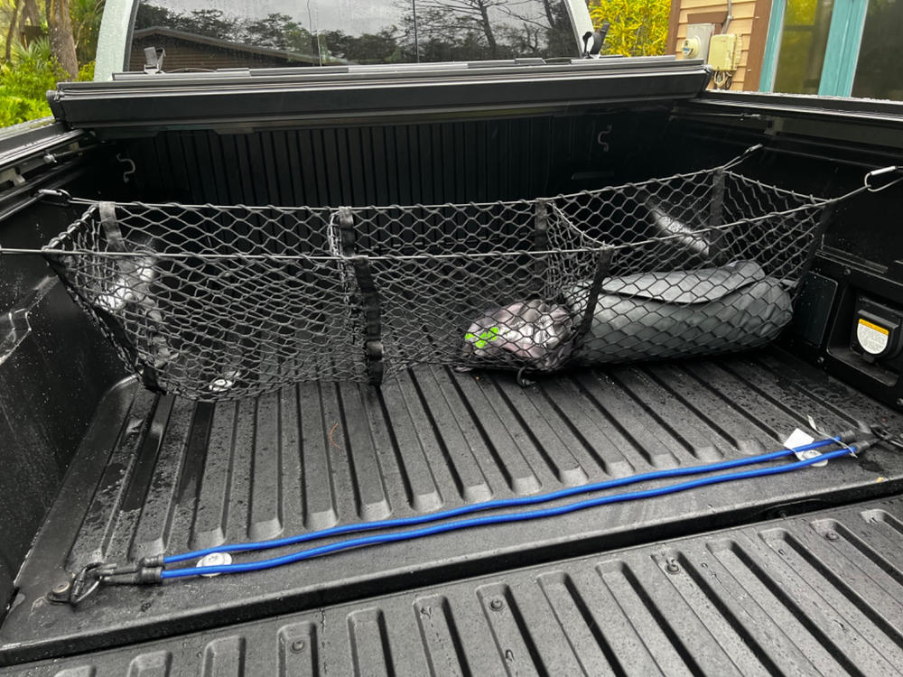 Carlikeit Heavy Duty 3-Pocket Mesh Cargo Net For Toyota Tacoma 2005–2024, Stretchable Truck Bed Organizer 46x14x17 In, With Metal Carabiners & Storage Bag, Fits SUV Pickup Trunk Bed Accessories