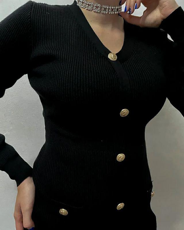 Slim Fit Gold Button Long-Sleeve Knitted Dress For Women - Customer Photo From lorena.lydiaa