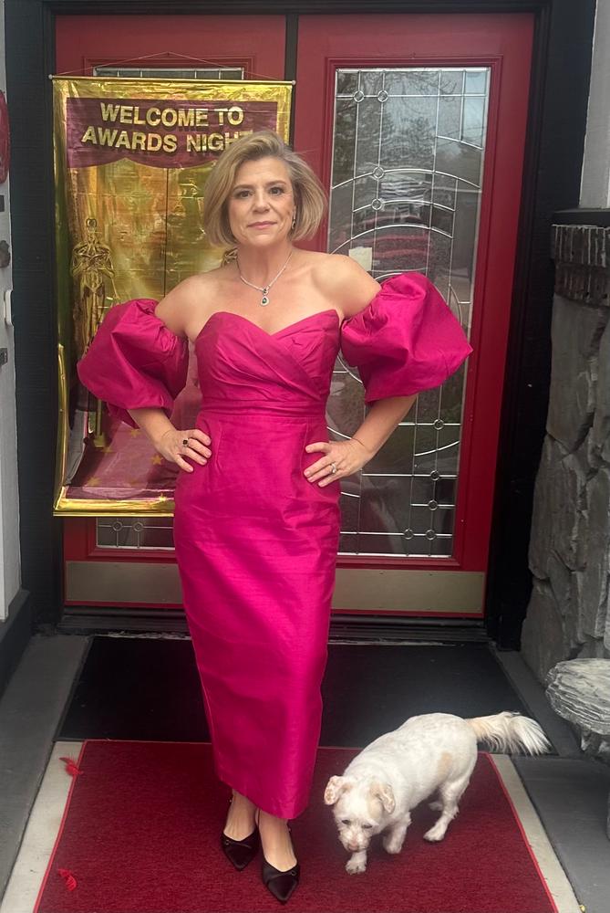 Tiffany Dupioni Puff Sleeve Maxi Dress (Hot Pink) - Customer Photo From Cris K
