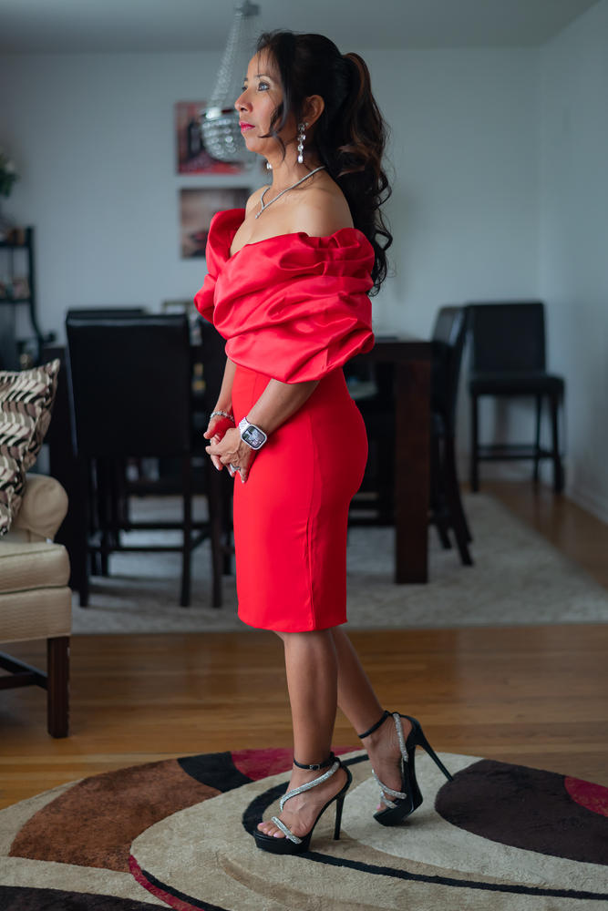 Maribel Crepe Ruffle Shoulder Dress (Red) - Customer Photo From Patty Palencia