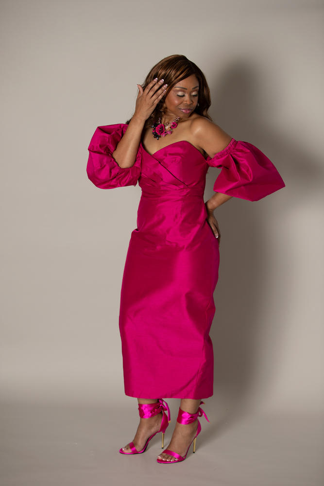 Tiffany Dupioni Puff Sleeve Maxi Dress (Hot Pink) - Customer Photo From VALENCIA GANTT-BANKS