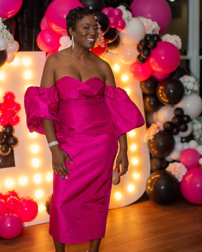Tiffany Dupioni Puff Sleeve Maxi Dress (Hot Pink) - Customer Photo From Andrea Gaiter