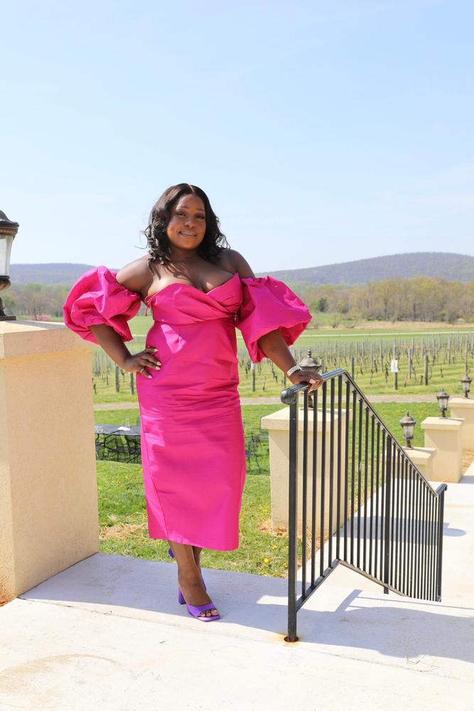 Tiffany Dupioni Puff Sleeve Maxi Dress (Hot Pink) - Customer Photo From Natasha Sullivan