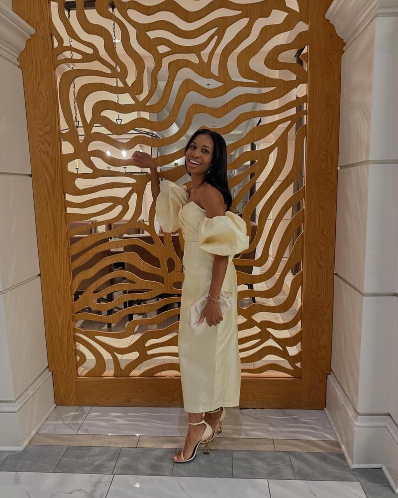 Tiffany Dupioni Puff Sleeve Maxi Dress (Beige) - Customer Photo From Laken 