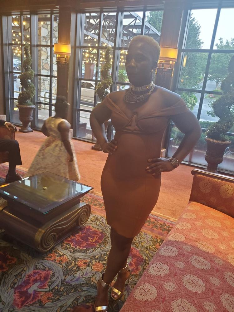 Jade Off-Shoulder Bandage Dress (Tawny Brown) - Customer Photo From Guilene Delices
