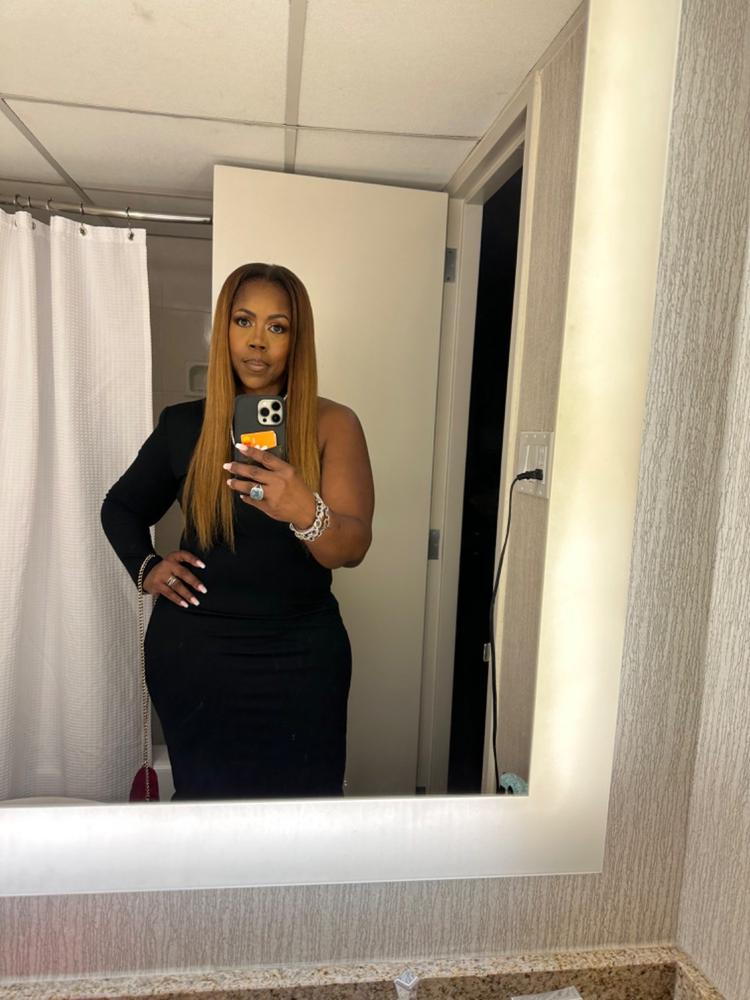 Elvia One Sleeve Midi Dress (Black) - Customer Photo From Tomiko Evans