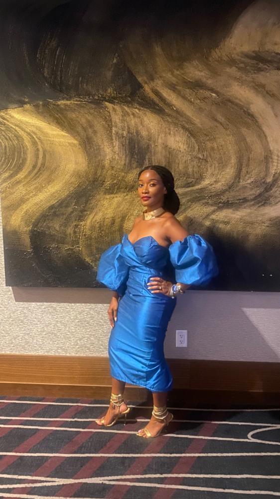 Tiffany Dupioni Puff Sleeve Maxi Dress (Royal Blue) - Customer Photo From CHARASMA MOSELEY