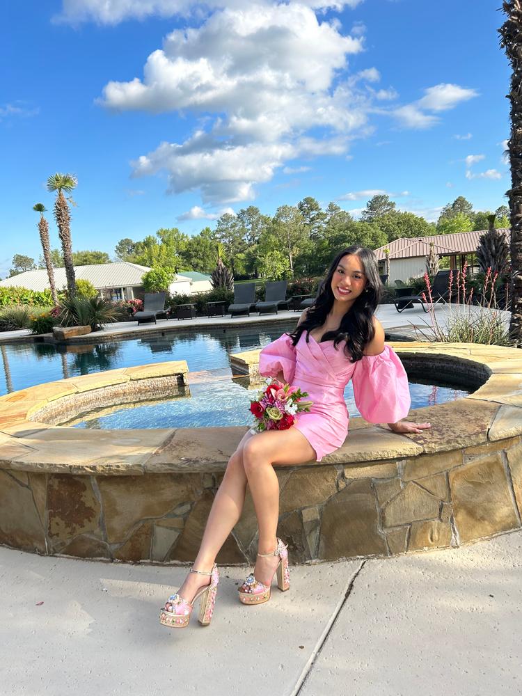 Kayla Dupioni Puff Sleeve Mini Dress (Soft Pink) - Customer Photo From Lorna Abello