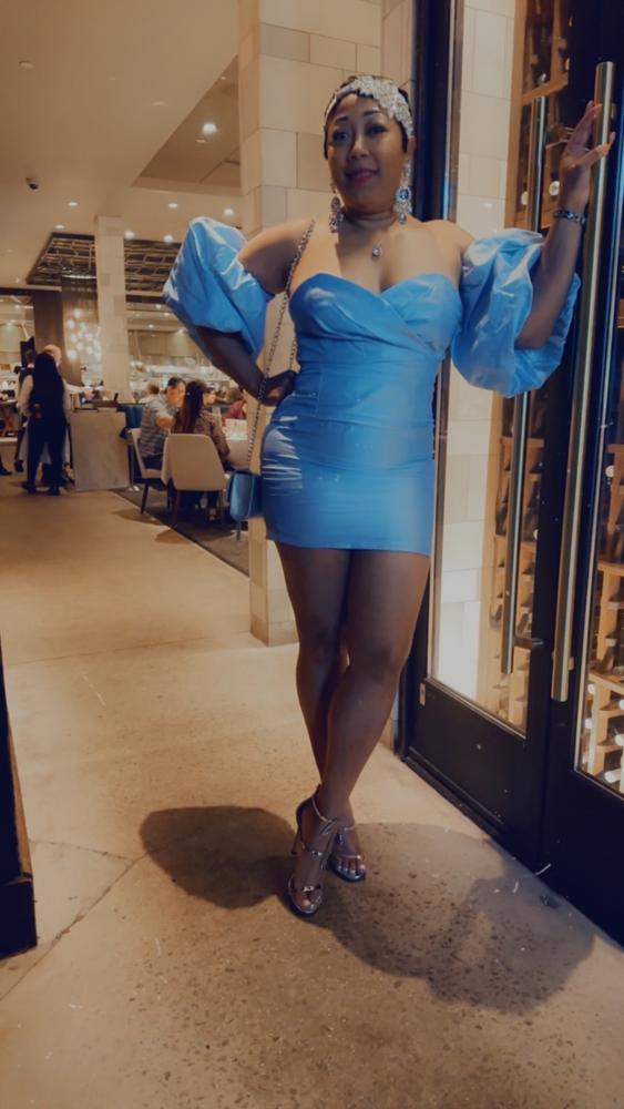 Kayla Dupioni Puff Sleeve Mini Dress (Sky Blue) - Customer Photo From Kimberly Steele