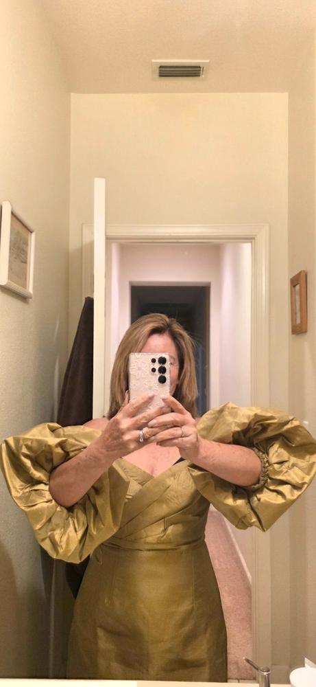Kayla Dupioni Puff Sleeve Mini Dress (Antique Gold) - Customer Photo From Glenda ARAUZ