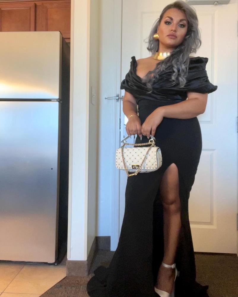Presley Crepe Ruffle Shoulder Gown Dress (Black) - Customer Photo From diana Aguilar