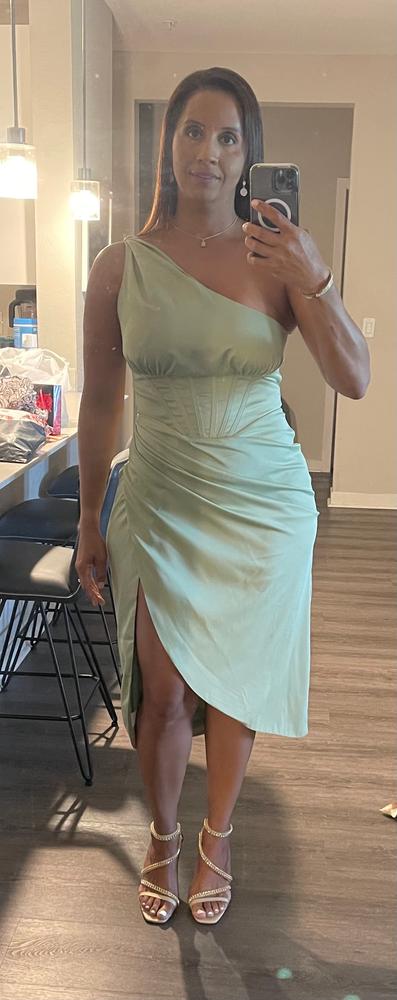 Harper Corset Satin Midi Dress (Sage Green) - Customer Photo From Stacy Nunez