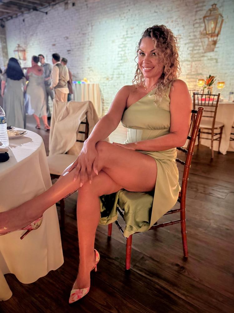 Harper Corset Satin Midi Dress (Sage Green) - Customer Photo From Alicia