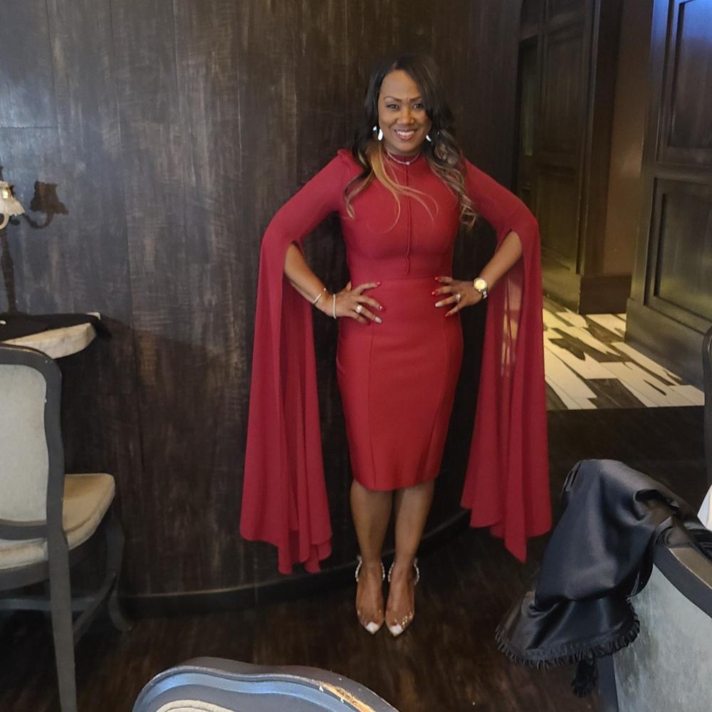 Ziba Bandage Shawl Sleeves Midi Dress (Maroon) - Customer Photo From Tonya M. Mack