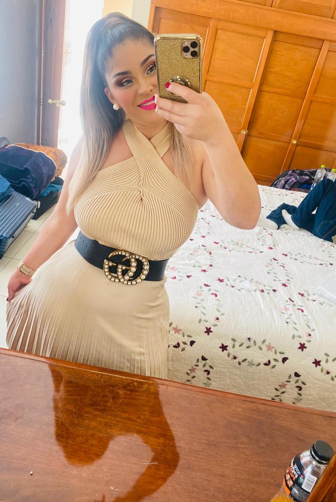 Mei pleated Midi Belted Skirt (Pale Cream) - Customer Photo From Lizette García 