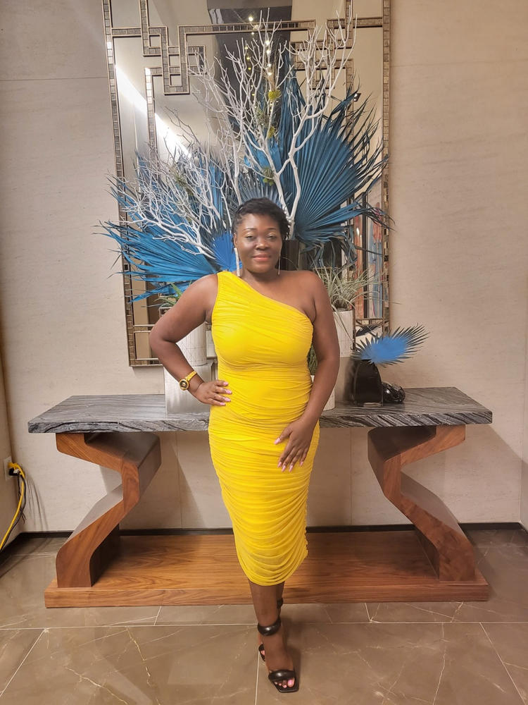 Natasha Ruched Organza Mesh Midi Dress (Yellow) - Customer Photo From Clodelle Bainsi
