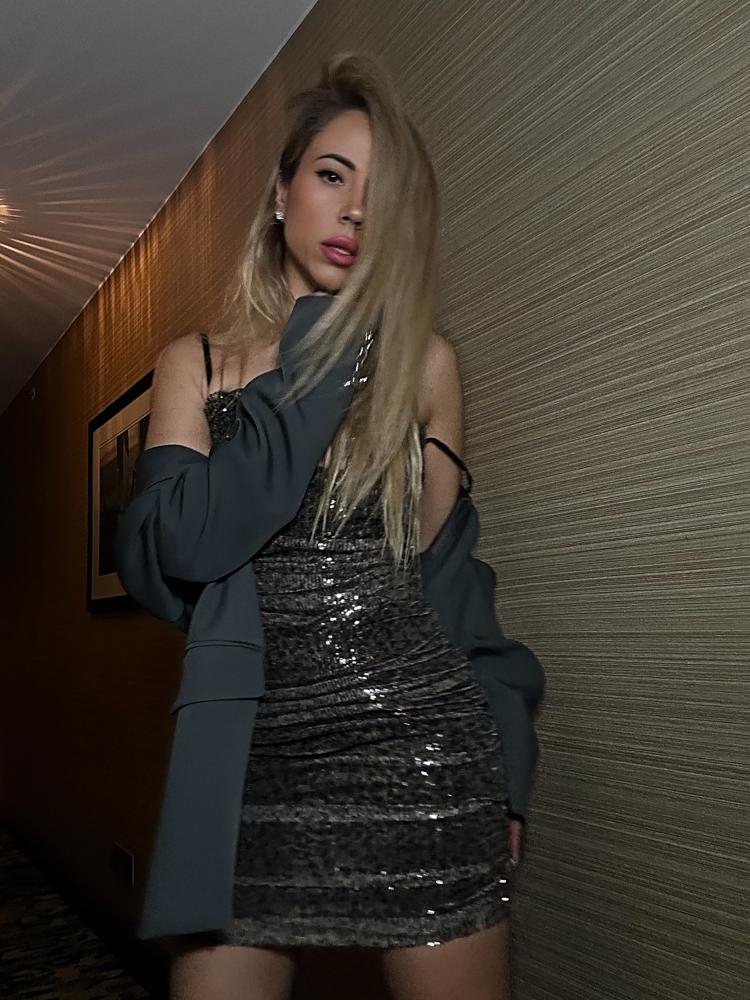 Heidi Ruched Sequin Mini Dress (Leopard Print) - Customer Photo From Milena