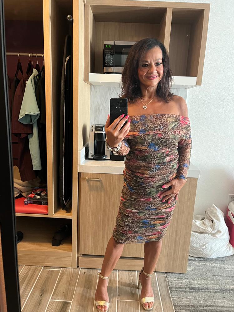 Hayley Off-Shoulder Mesh Midi Dress (Leopard’s Peony) - Customer Photo From Carolyn Horiel
