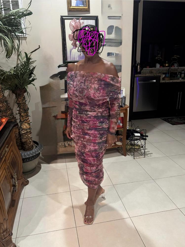 Hayley Off-Shoulder Mesh Midi Dress (Crimson Garden) - Customer Photo From Linda Lorelle