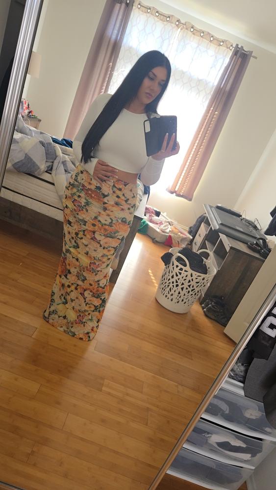 Jenna Ruched Mesh Maxi Skirt (Sunburst Floral Print) - Customer Photo From Sara Langus