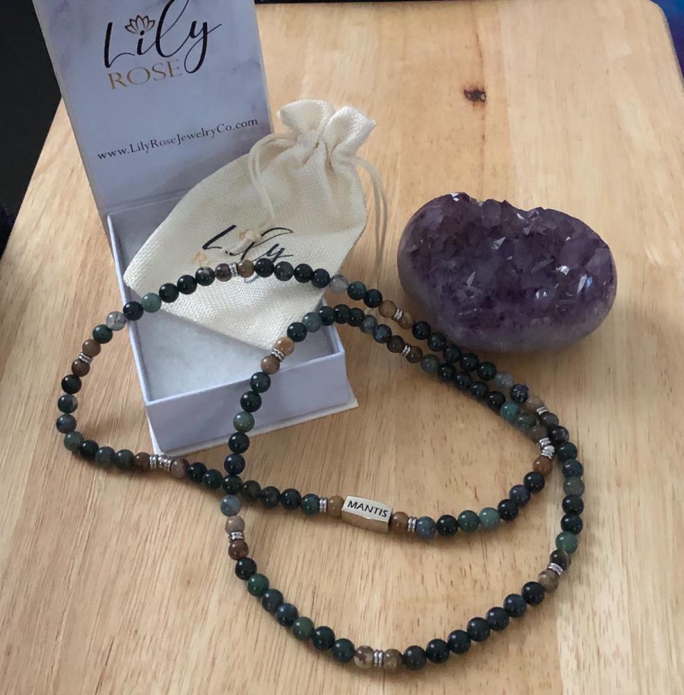 8mm Elizabeth April Channeled Mantis Sacred Geometry Limited Edition Cosmic Species Stretch Mala Bracelet Necklace - Customer Photo From Penny Watts