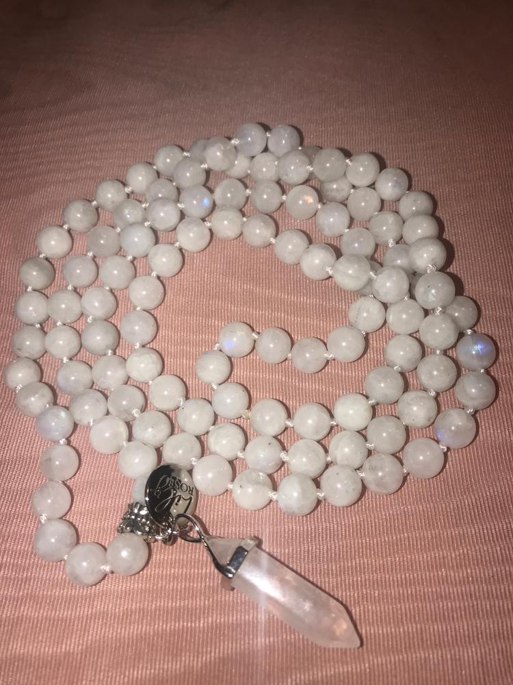 Limited Edition Rainbow Moonstone Miracles & Universal Energy 108 Hand Knotted Mala with Point Charm Pendant Necklace - Customer Photo From Molly