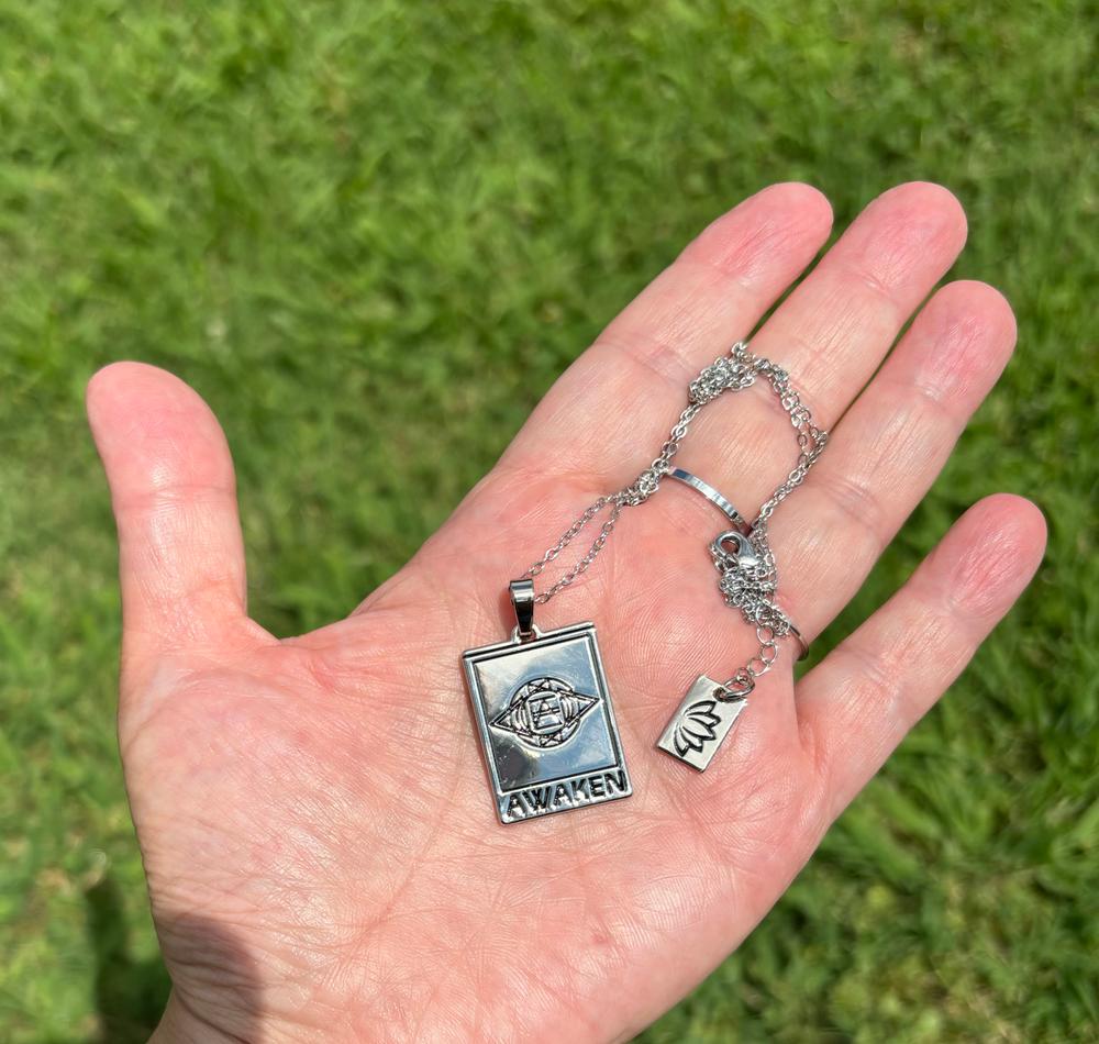 Elizabeth April EA Awaken 2 Sided Channeled & Attuned Evil Eye Protection Cosmic Species Sacred Geometry Card Tag Pendant 18” White Gold Necklace - Customer Photo From Lori H