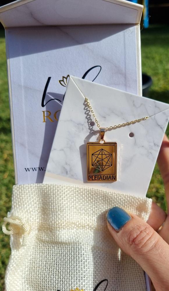 Elizabeth April EA Pleiadian 2 Sided Channeled & Attuned Evil Eye Protection Cosmic Species Sacred Geometry Card Tag Pendant 18” Gold Necklace - Customer Photo From Samantha Winks