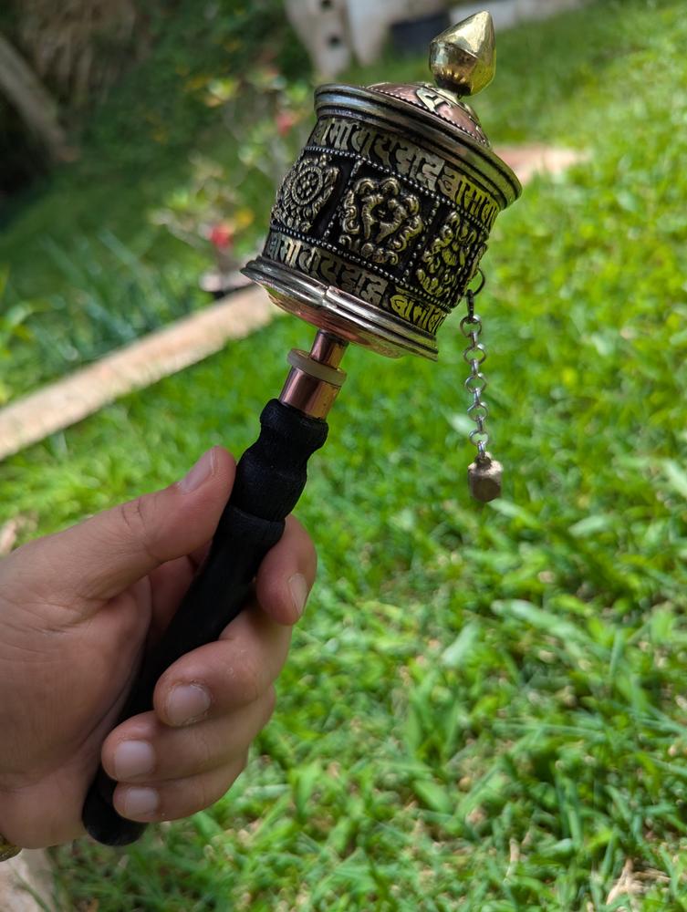 Auspicious Symbols Handheld Prayer Wheel - Customer Photo From Kevin 
