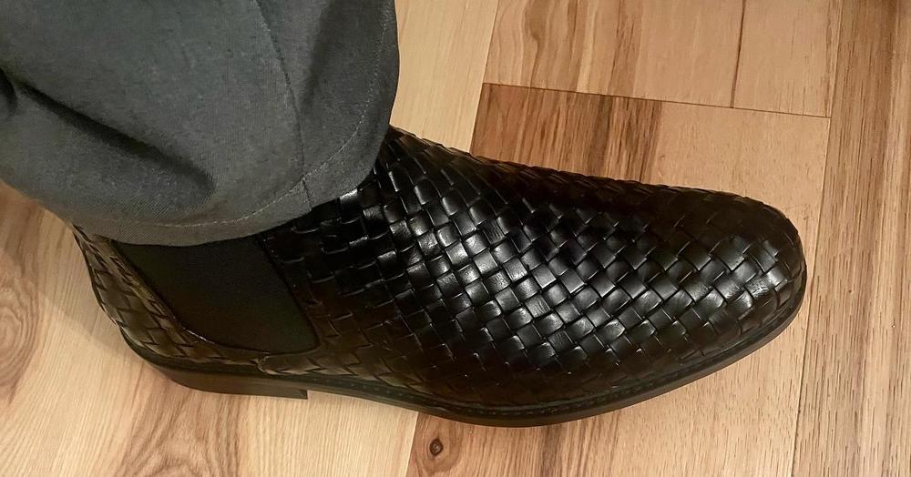 Black Woven Leather Chelsea Boots for Men by
