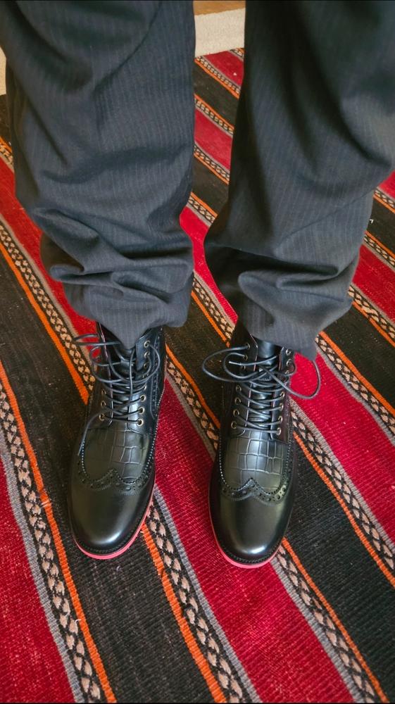 Belmont Black Crocskin Leather Wingtip Combat Boots display picture 2
