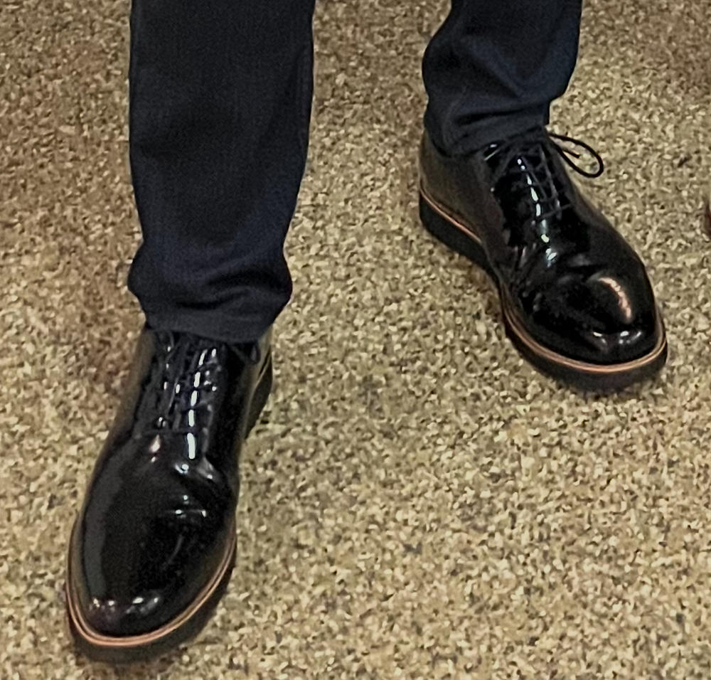 Oscar Navy Patent Leather Wholecut Brogue Sneakers (Black Sole) display picture 1